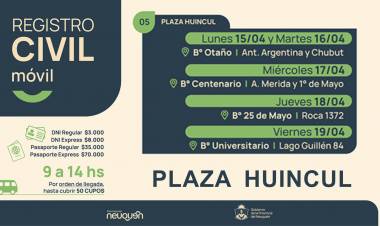 En Plaza Huincul. Se podrá tramitar el DNI, renovación, cambios de domicilio, actualización, DNI 0 años, pasaporte y actas de nacimiento.