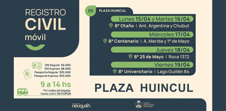 En Plaza Huincul. Se podrá tramitar el DNI, renovación, cambios de domicilio, actualización, DNI 0 años, pasaporte y actas de nacimiento.