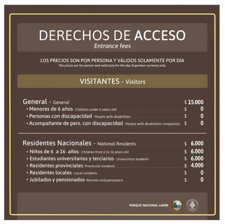 Parque Nacional Lanin INFORMA Actualización Tarifario vigente para cobros de acceso del Parque